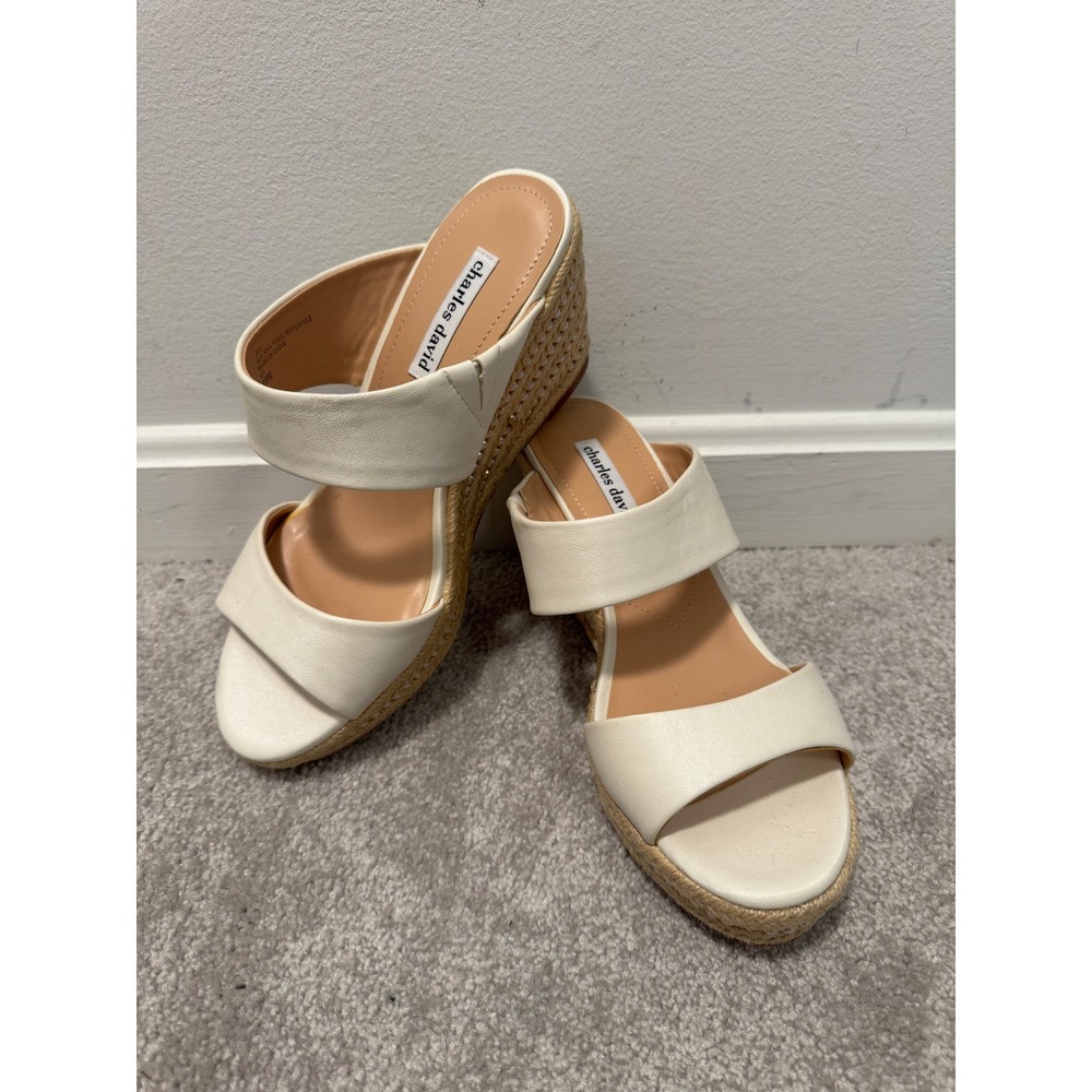 Charles David Cream Ivory Pearl Jute Espadrille Wedge Sandals Women's 10M Slides